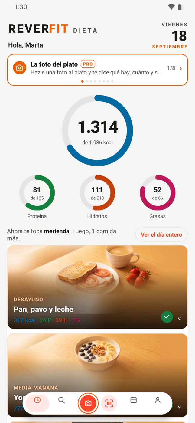 Reverfit Dieta en modo claro: el día en aros de calorías y macros